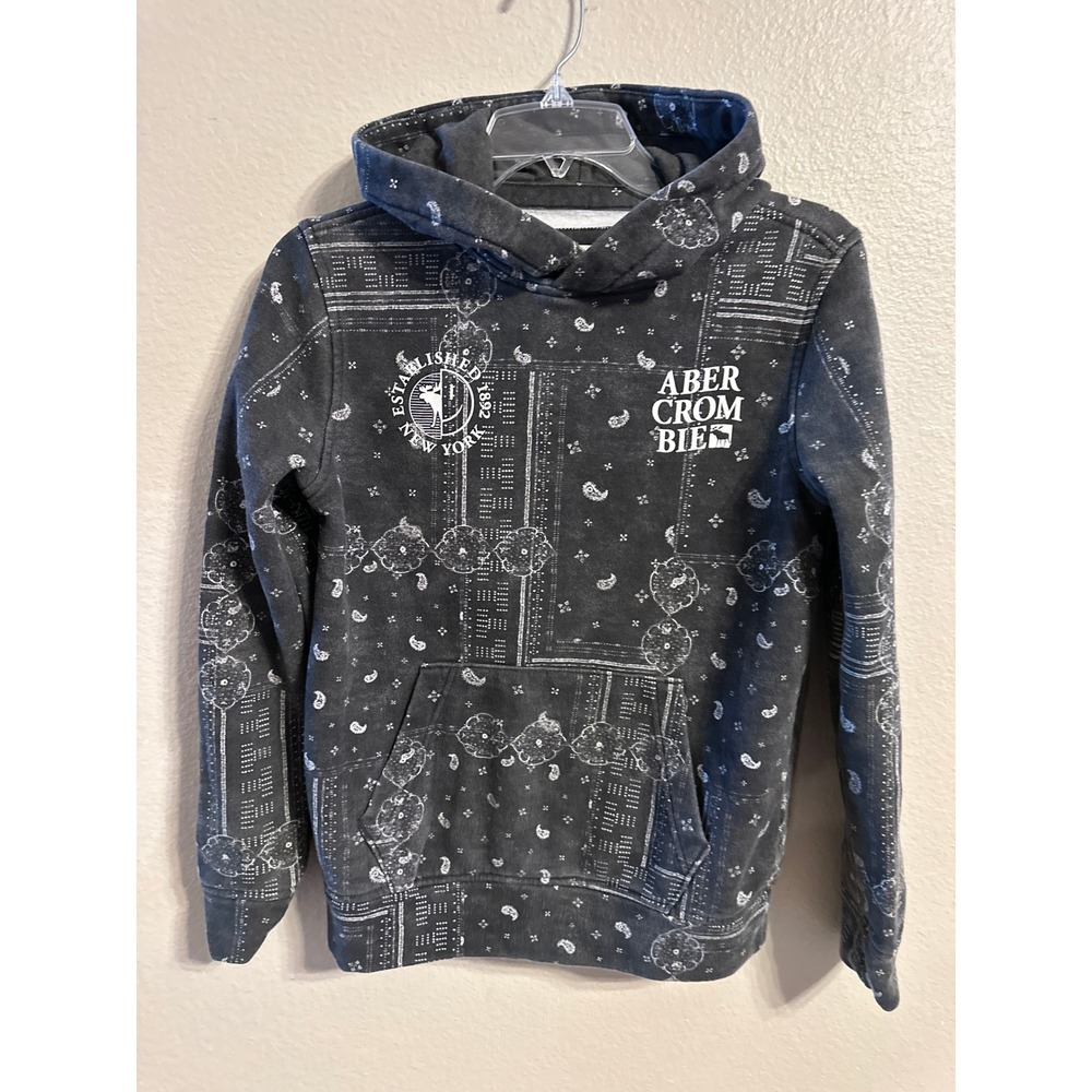 Abercrombie Kids Hoodie Gray Bandana Print‎ Logo Pullover Size 11/12